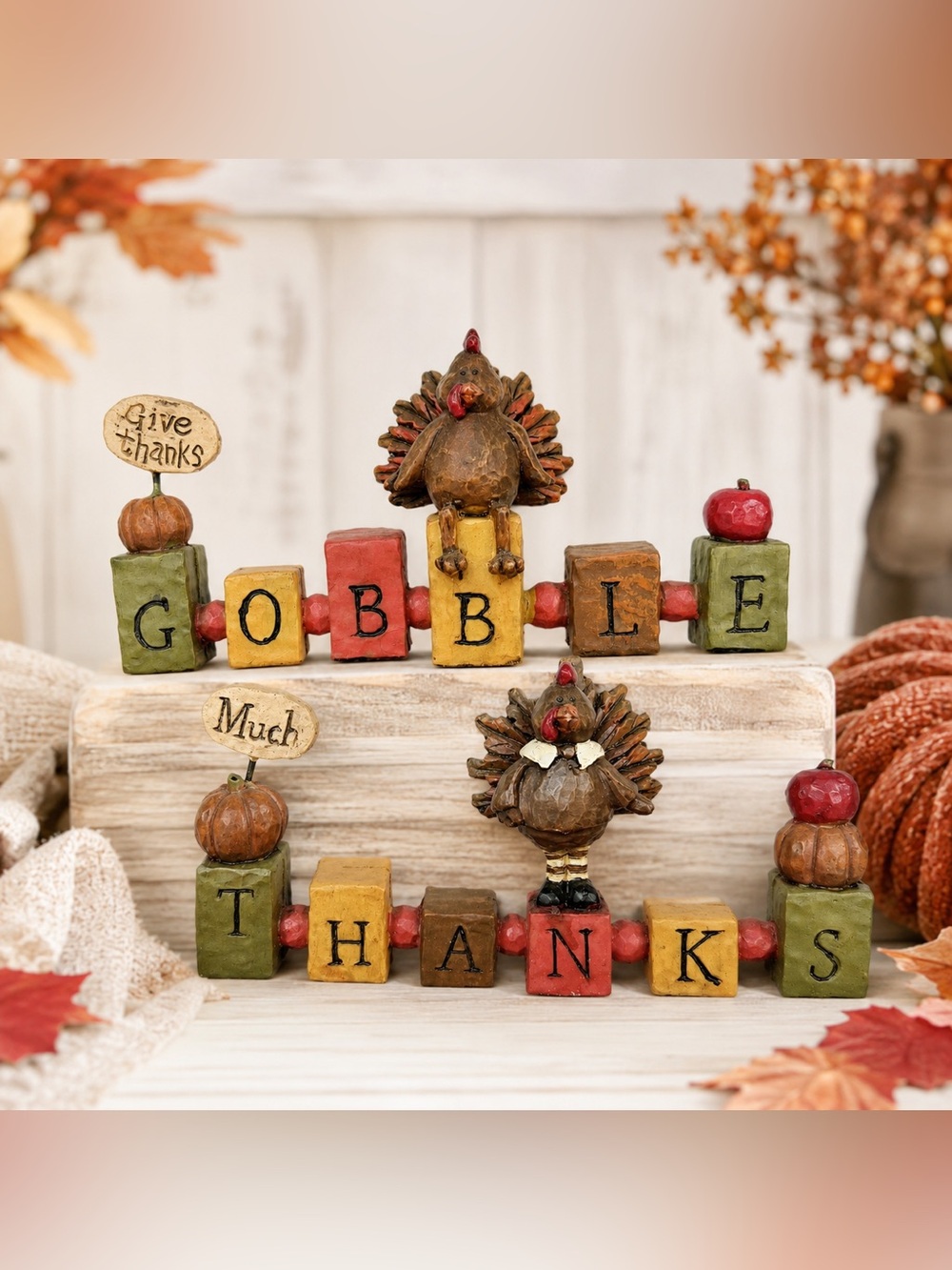 Thanksgiving Turkey Gobble Thanks Letter Block Shelf Sitter Fall Decor Set